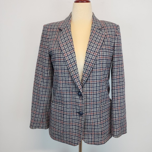 Classic Fashions Jackets & Blazers - Vtg 80s Womens Tweed Wool Herringbone Blazer Lady Jacket 10 Grey Blue Academia